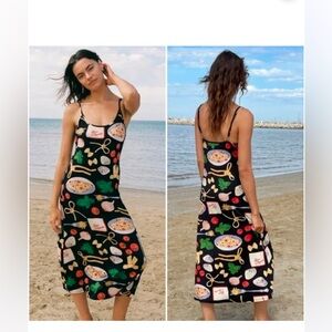 Lisa Says Gah Black Spaghetti-Strap Midi Dress with Colorful Food Print